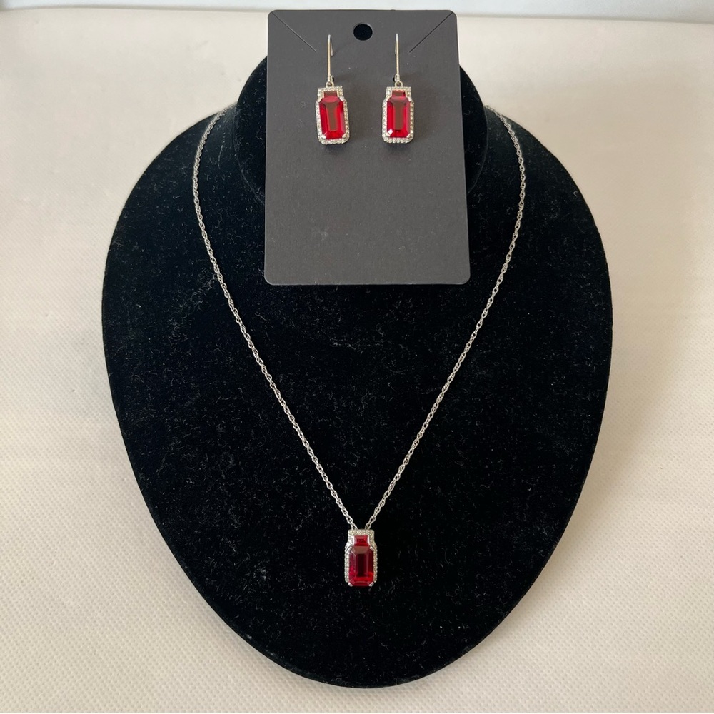 Vintage 925 Stauer Red Silver Necklace & Earrings